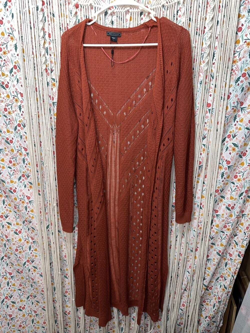 Metaphor Women's Open Front Pointelle Knit Long Cardigan Rust Orange Size L/G